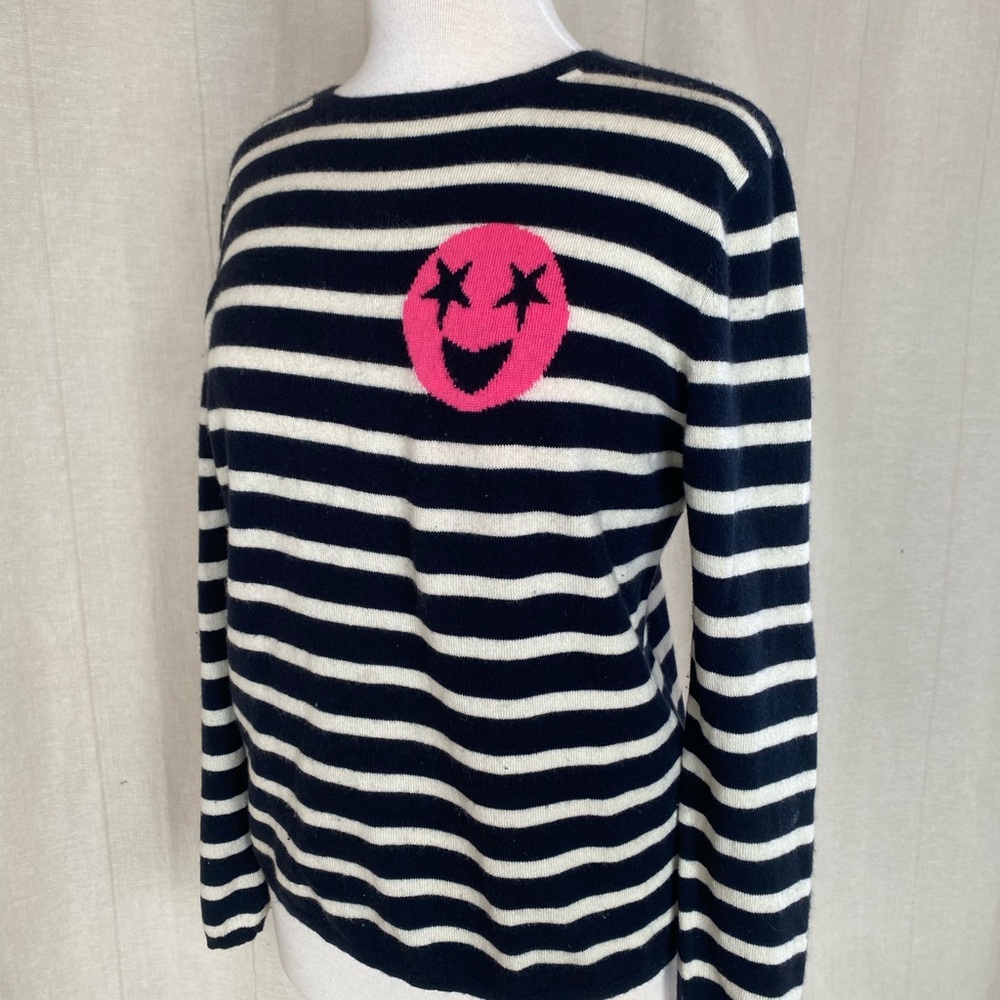 Chinti & Parker CASHMERE Navy and White Sweater with Pink Smiley Emoji